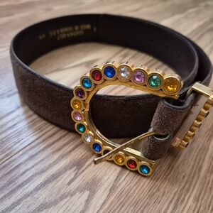 Vinrage 1970s-80s  Brown Suede Belt with Gold and Jewel Buckle